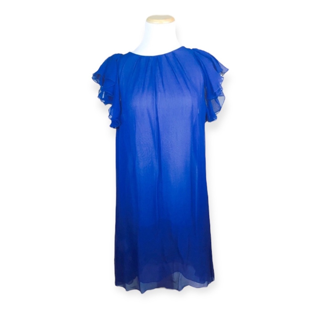 BCBGMaxAzria Blue Ruffle Sheer Silk Chiffon Shift Dress SMALL Slip On Flowy